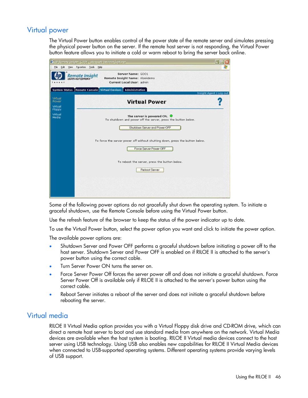 HP 232664-006 manual Virtual power, Virtual media 