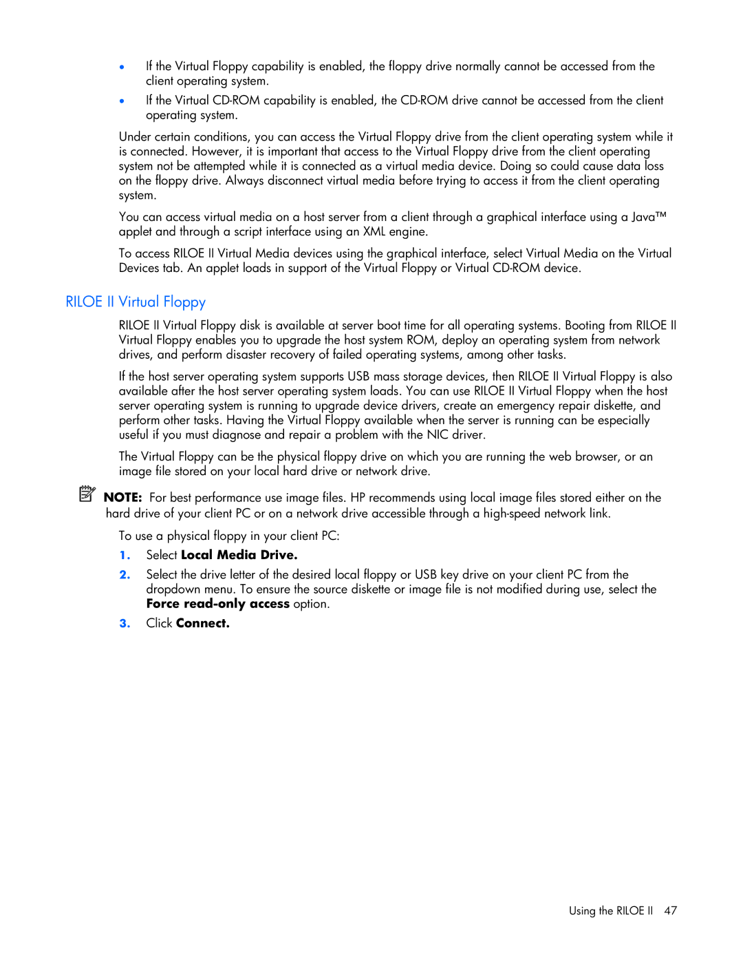 HP 232664-006 manual Riloe II Virtual Floppy, Select Local Media Drive, Click Connect 