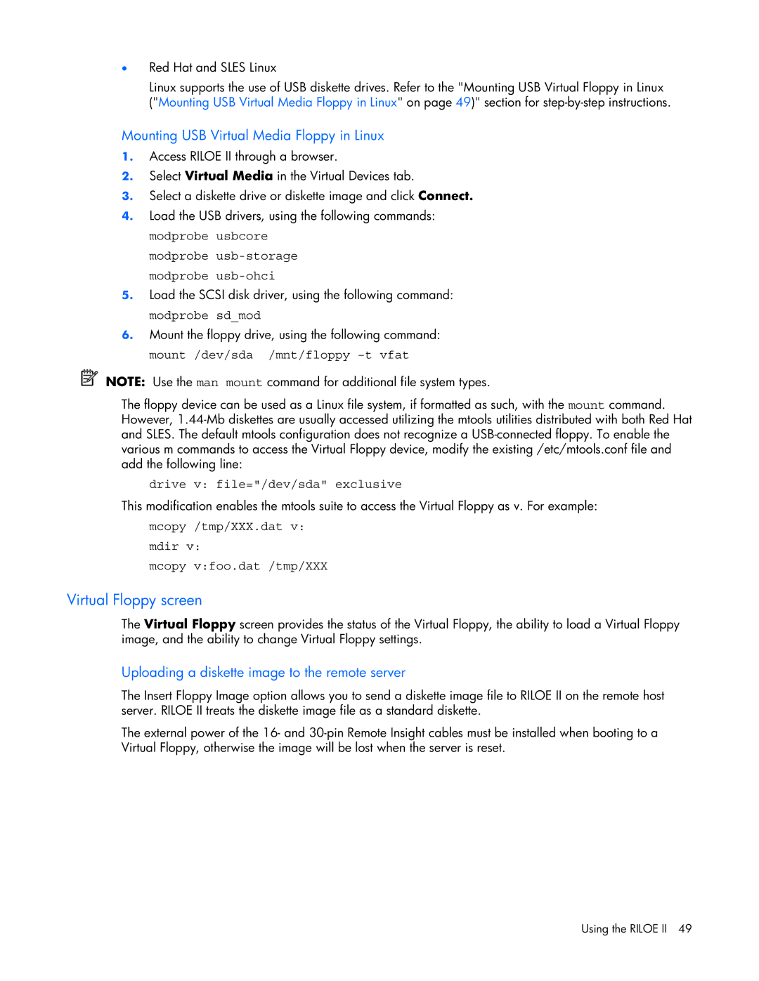 HP 232664-006 manual Virtual Floppy screen, Mounting USB Virtual Media Floppy in Linux 