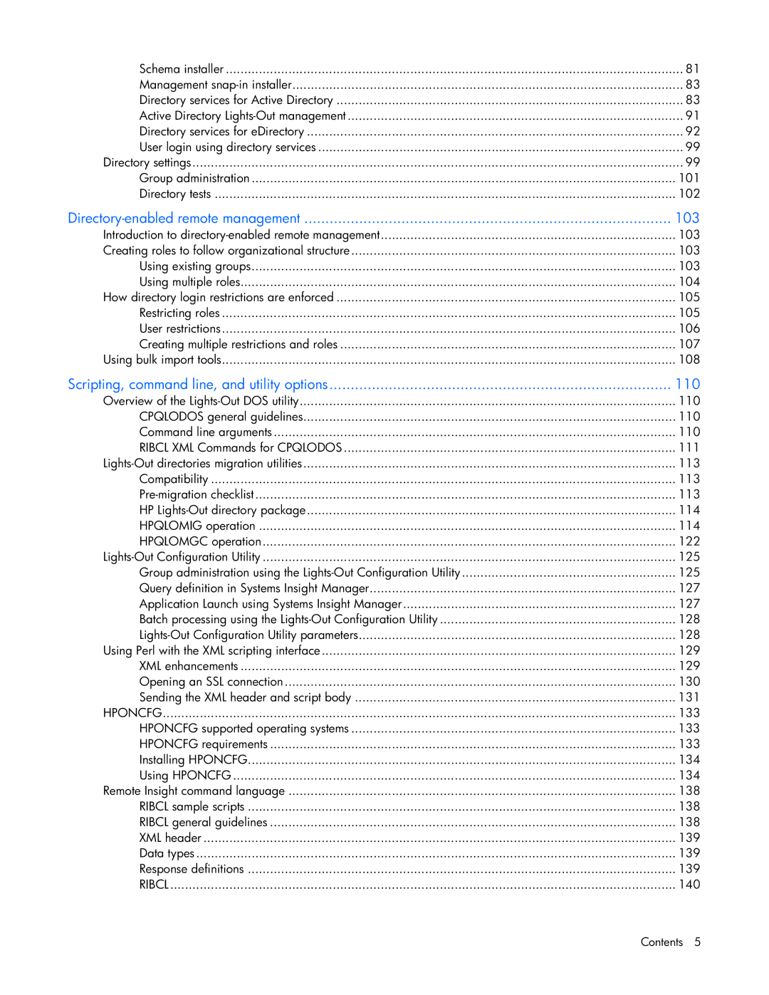 HP 232664-006 manual Directory-enabled remote management 103, Scripting, command line, and utility options 110 