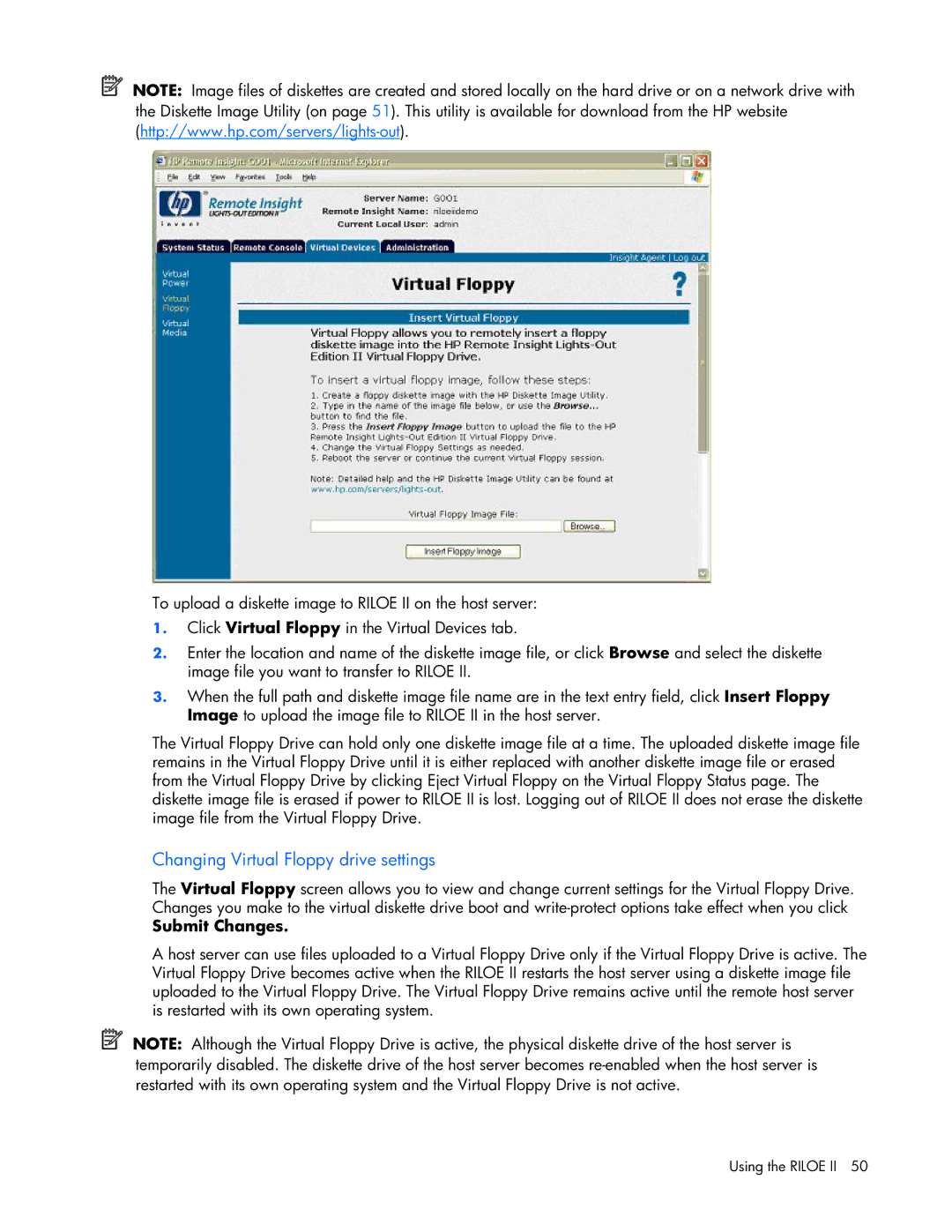 HP 232664-006 manual Changing Virtual Floppy drive settings, Submit Changes 