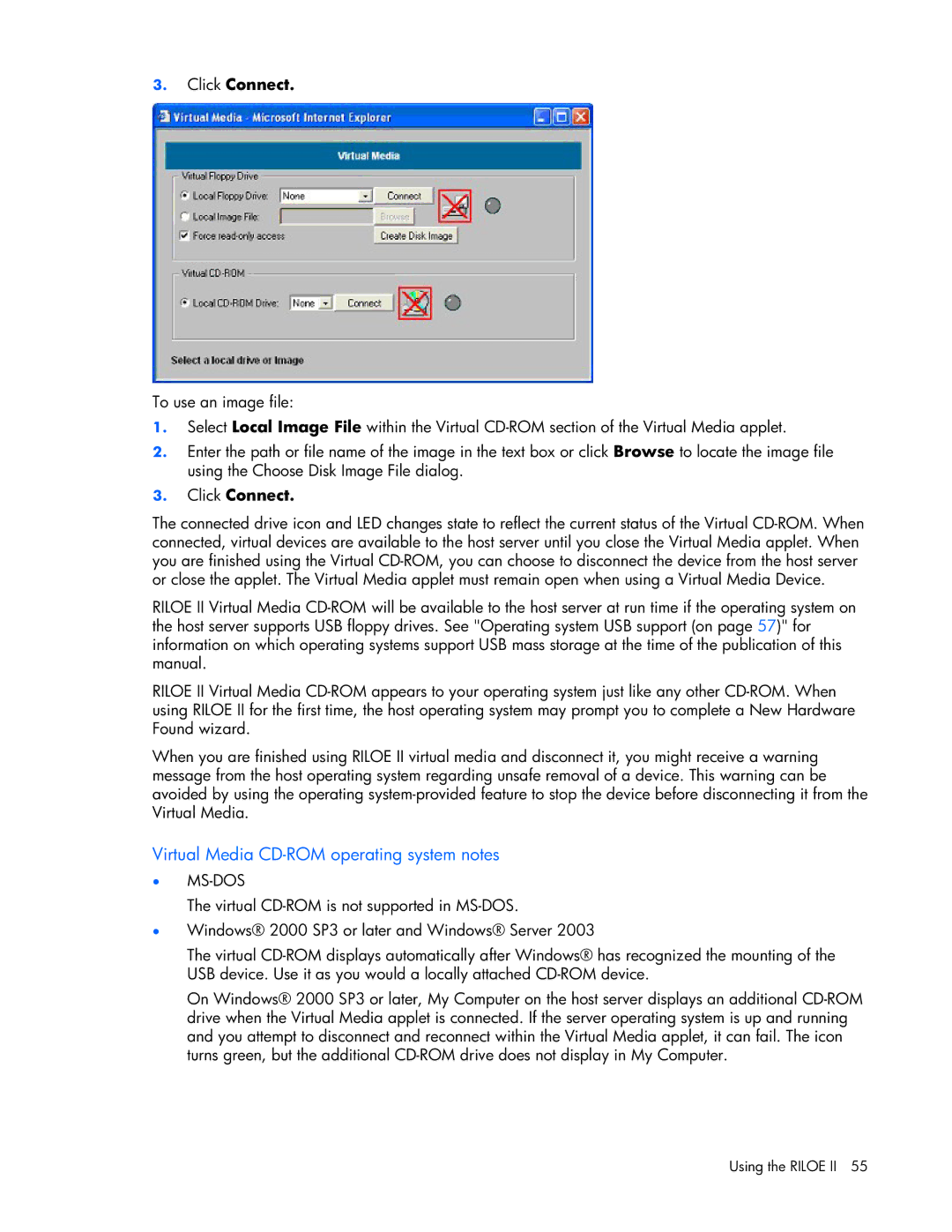 HP 232664-006 manual Virtual Media CD-ROM operating system notes, Click Connect 