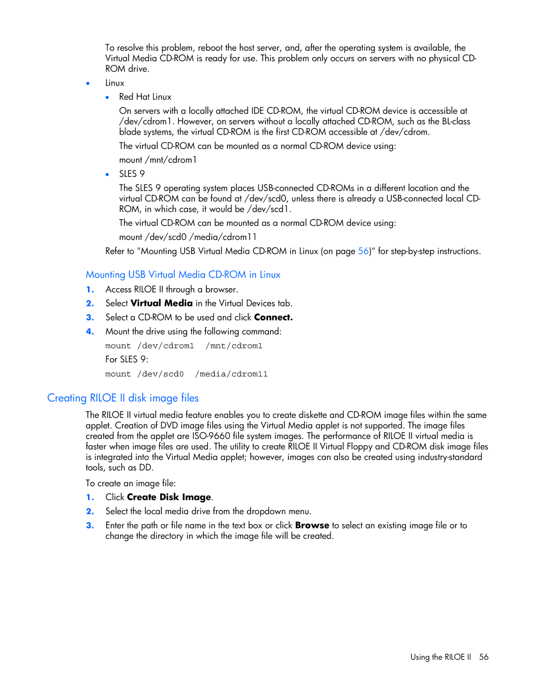 HP 232664-006 Creating Riloe II disk image files, Mounting USB Virtual Media CD-ROM in Linux, Click Create Disk Image 