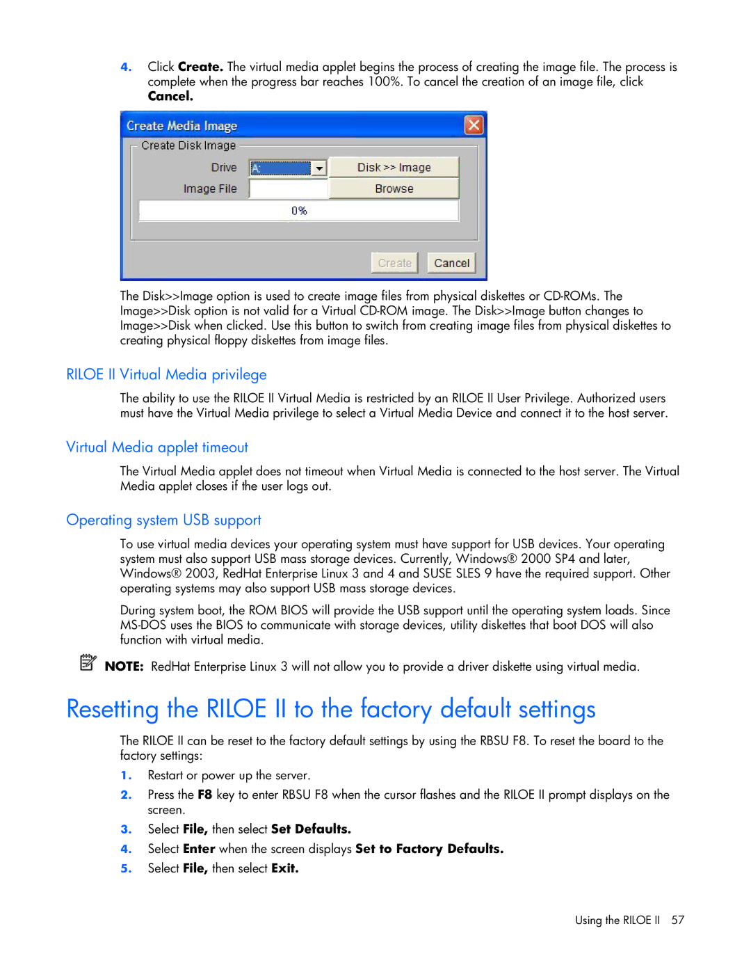 HP 232664-006 manual Resetting the Riloe II to the factory default settings, Riloe II Virtual Media privilege, Cancel 