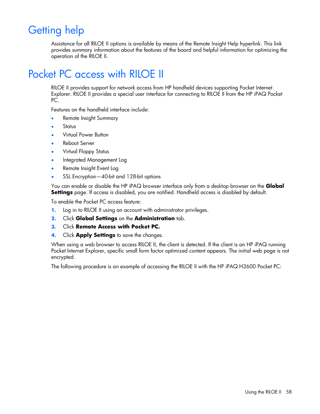 HP 232664-006 manual Getting help, Pocket PC access with Riloe 