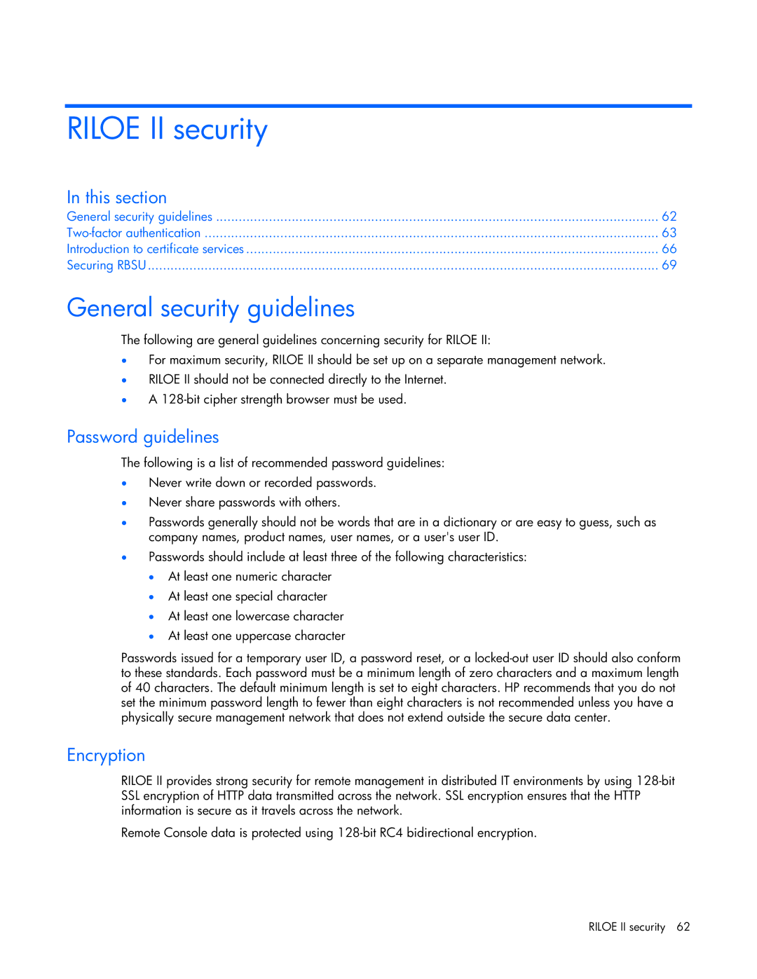 HP 232664-006 manual Riloe II security, General security guidelines, Password guidelines, Encryption 