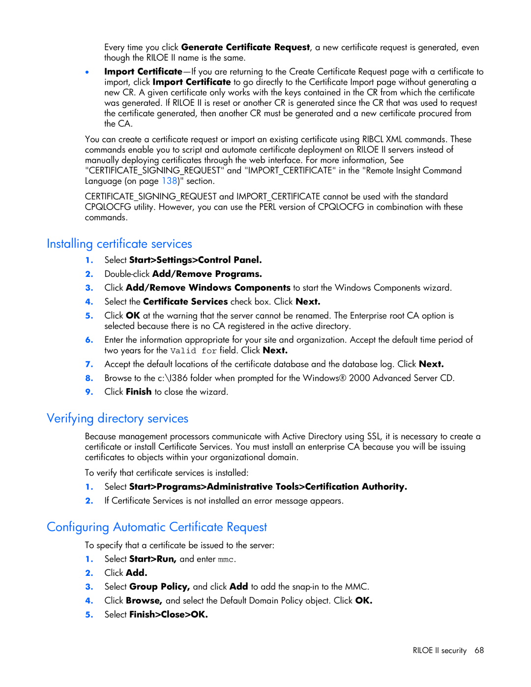 HP 232664-006 Installing certificate services, Verifying directory services, Configuring Automatic Certificate Request 