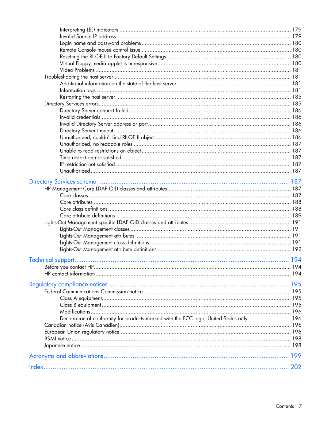 HP 232664-006 manual Directory Services schema 187, Technical support 194, Regulatory compliance notices 195 