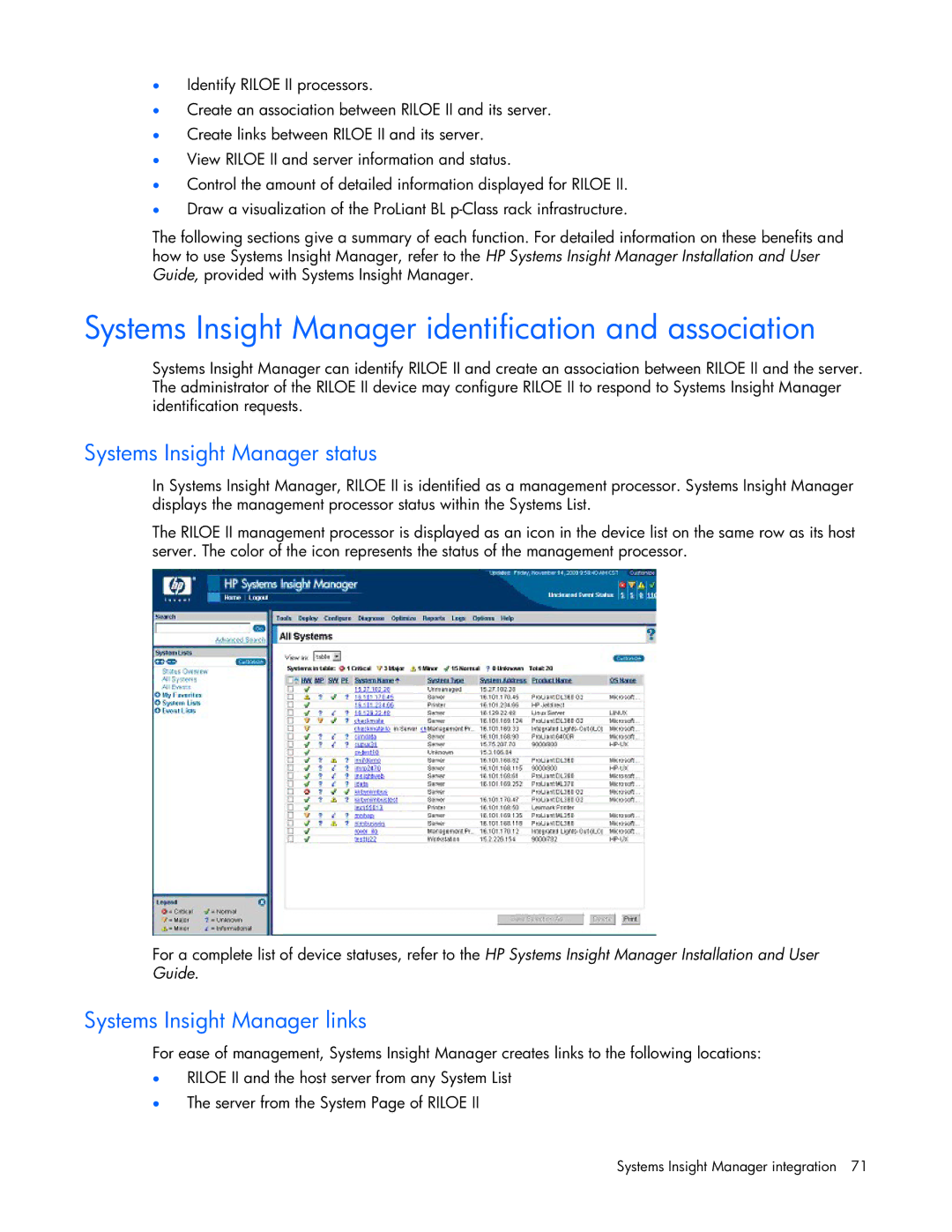 HP 232664-006 manual Systems Insight Manager identification and association, Systems Insight Manager status 