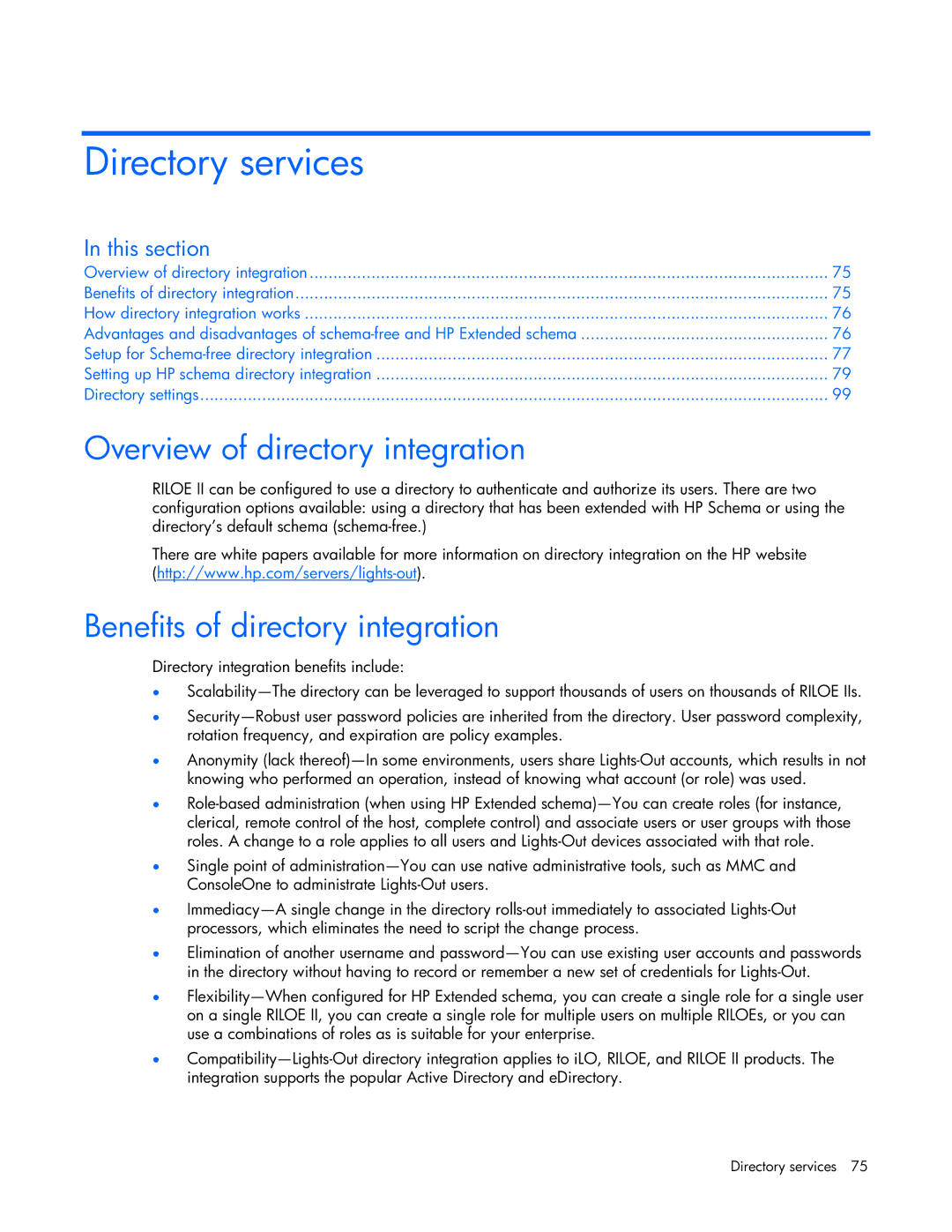 HP 232664-006 manual Directory services, Overview of directory integration, Benefits of directory integration 