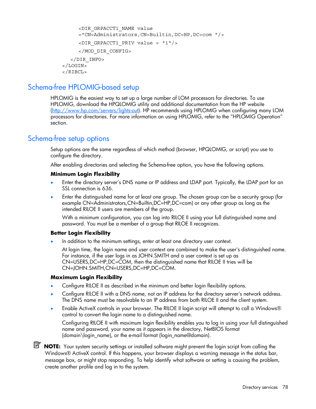 HP 232664-006 manual Schema-free HPLOMIG-based setup Schema-free setup options, Minimum Login Flexibility 