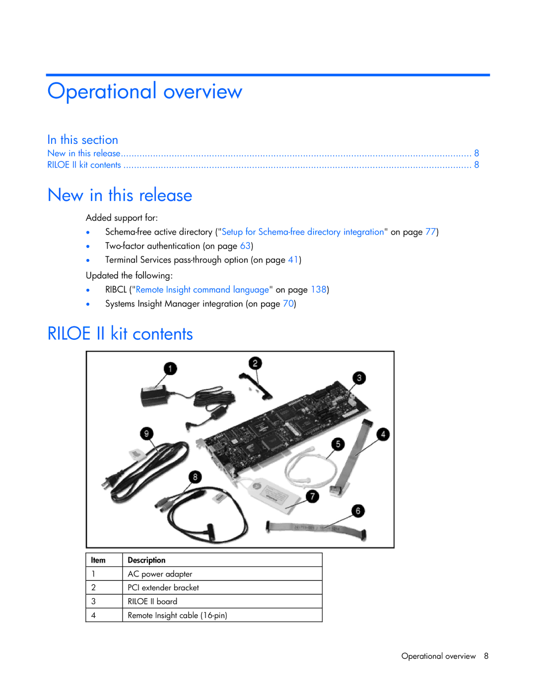 HP 232664-006 manual Operational overview, New in this release, Riloe II kit contents 