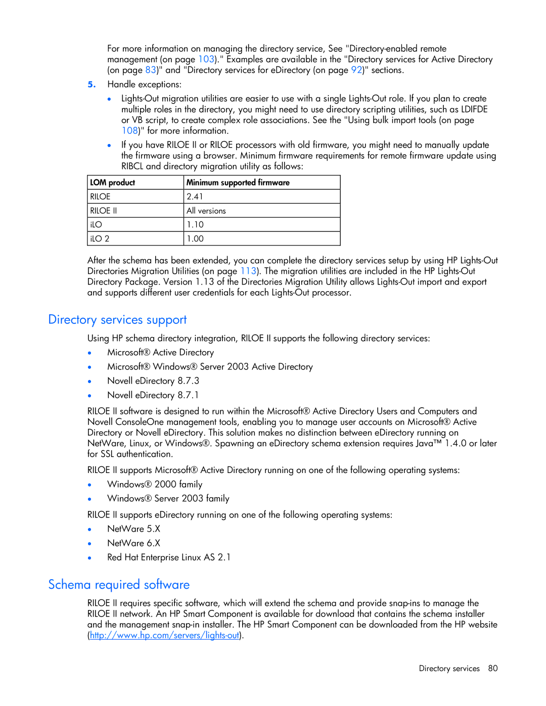 HP 232664-006 manual Directory services support, Schema required software 