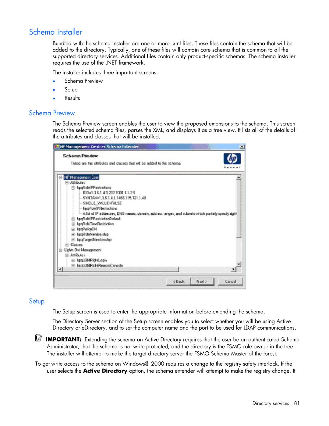 HP 232664-006 manual Schema installer, Schema Preview, Setup 