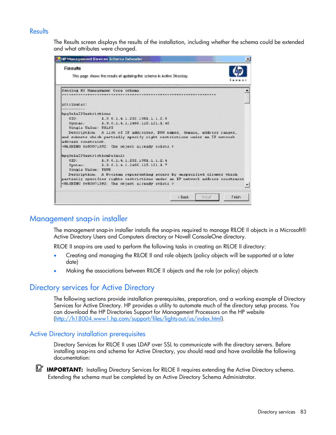 HP 232664-006 manual Management snap-in installer, Directory services for Active Directory, Results 