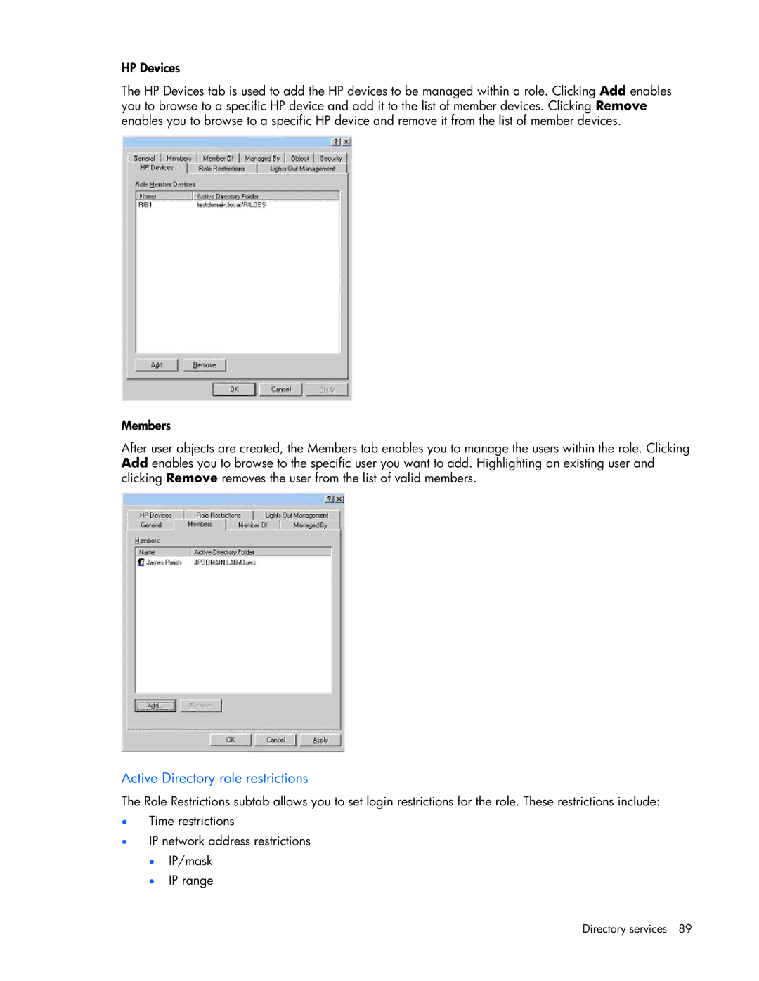 HP 232664-006 manual Active Directory role restrictions 