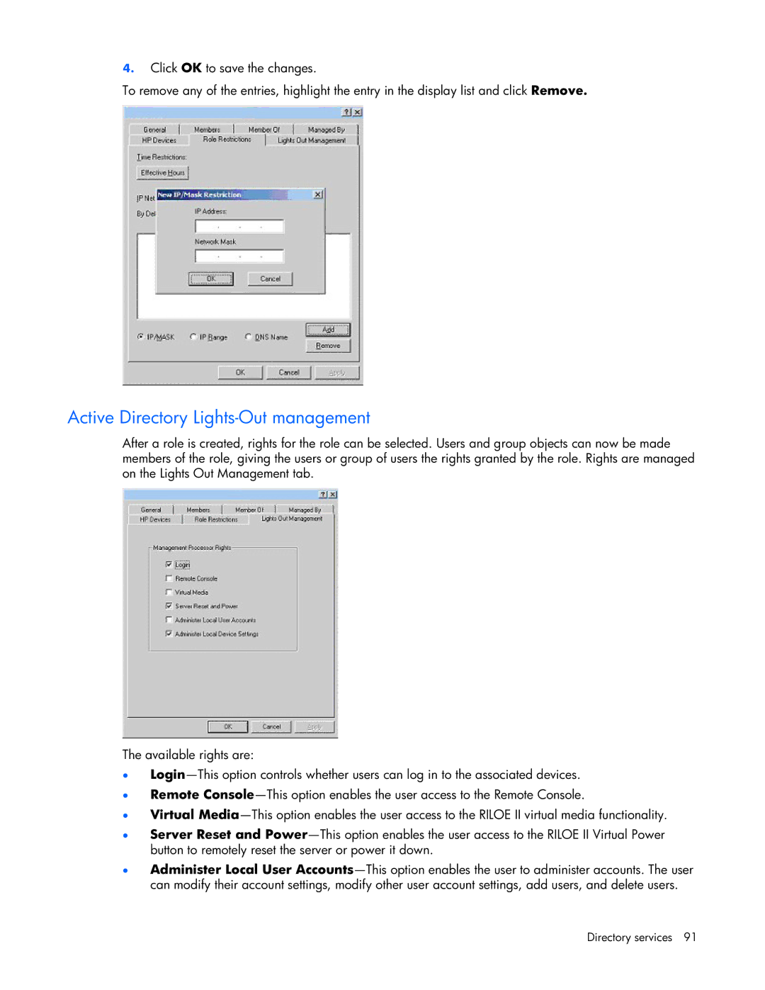 HP 232664-006 manual Active Directory Lights-Out management 