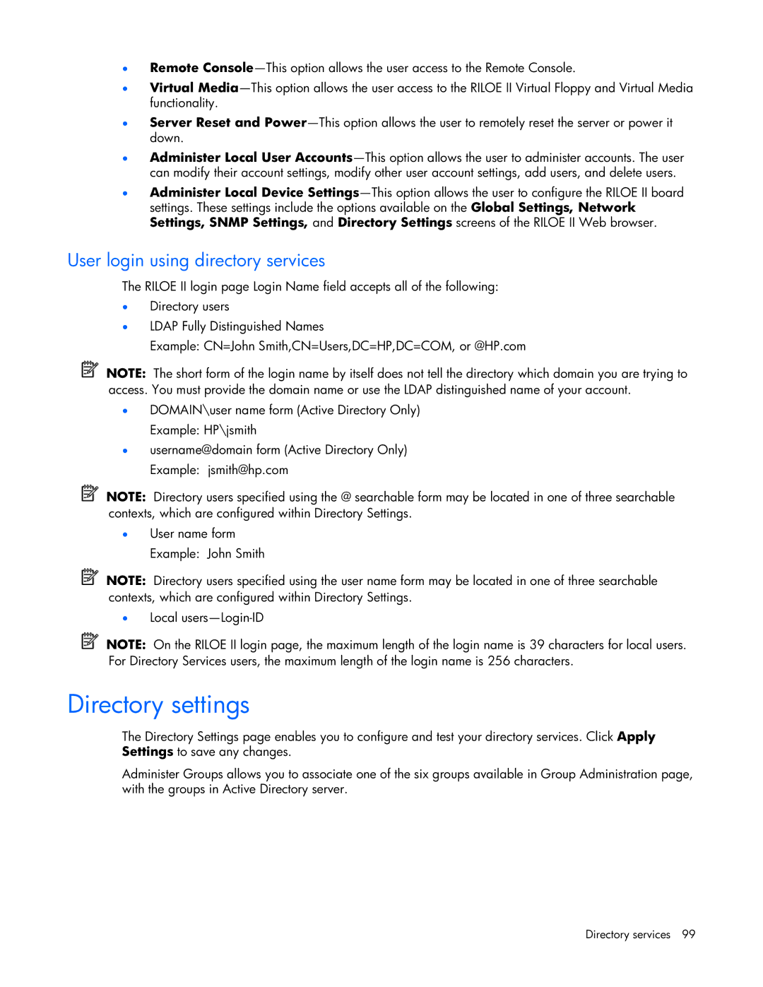 HP 232664-006 manual Directory settings, User login using directory services 