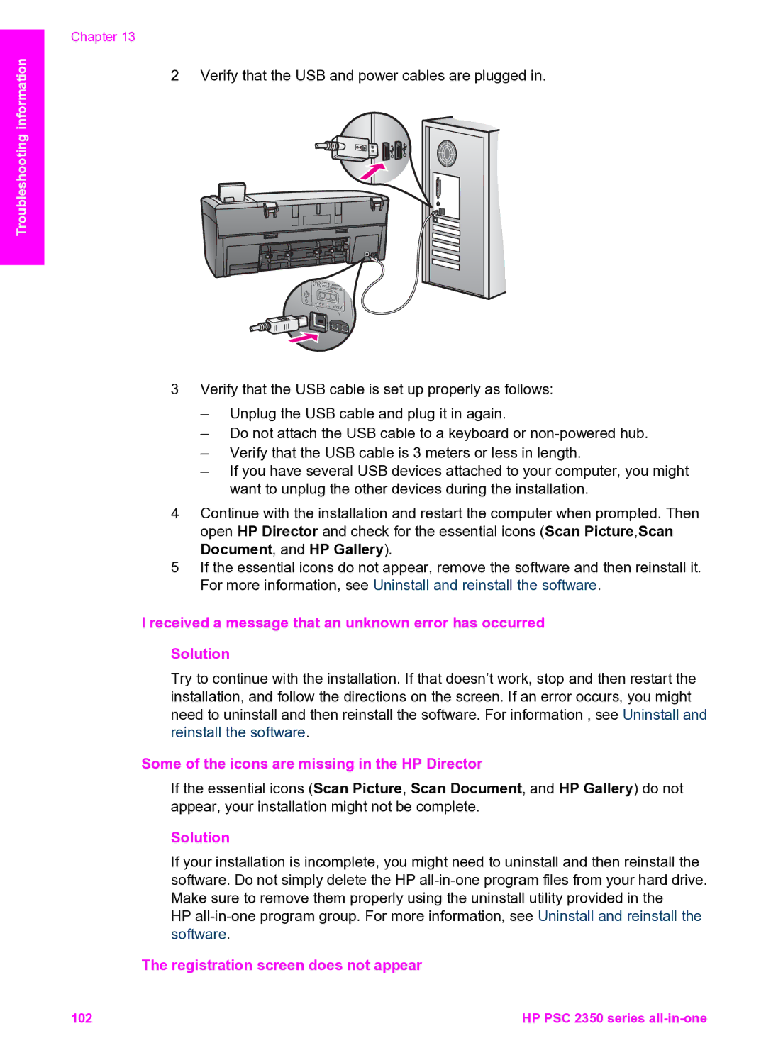 HP 2350 manual Some of the icons are missing in the HP Director, Registration screen does not appear 