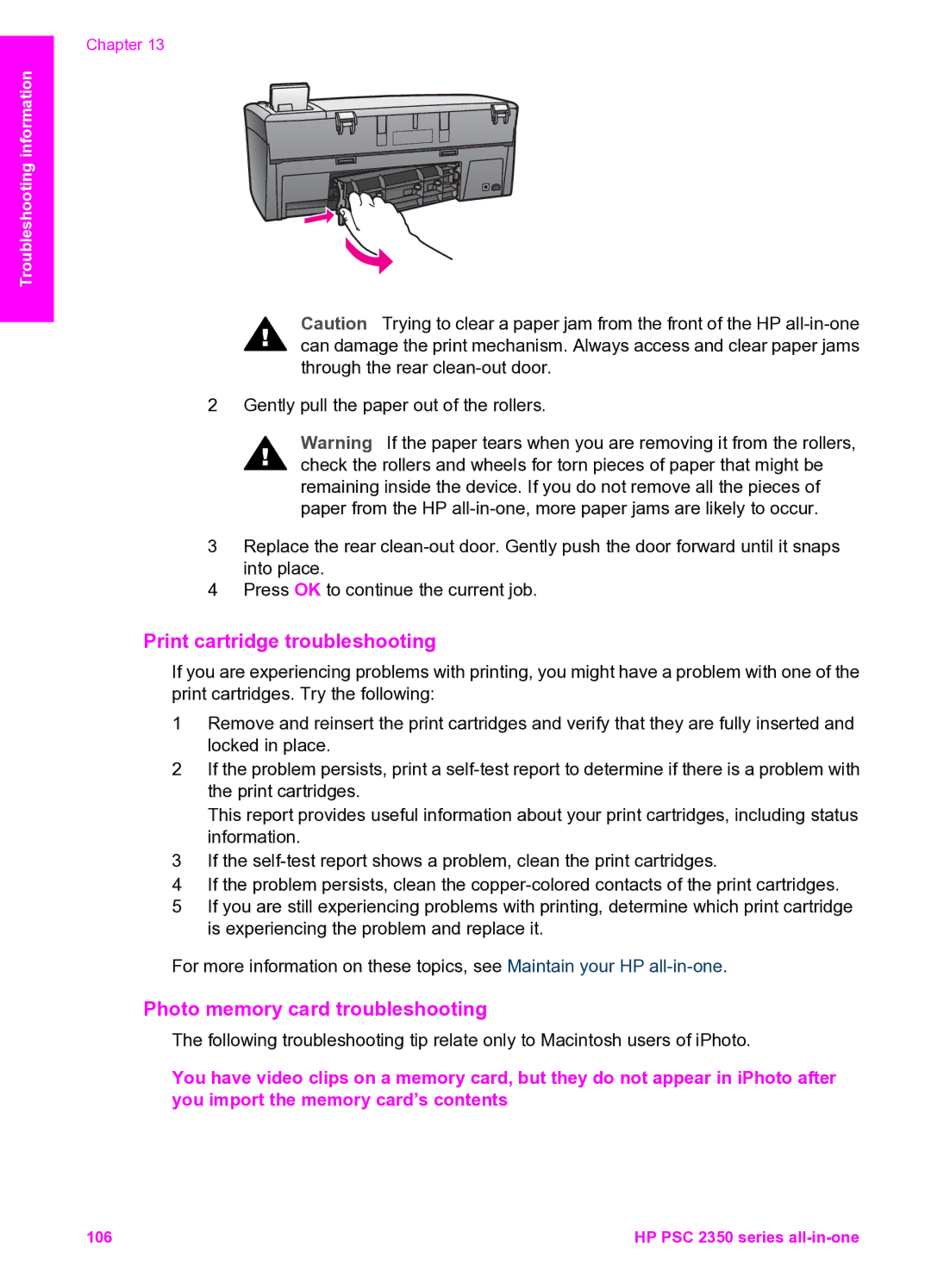 HP 2350 manual Print cartridge troubleshooting, Photo memory card troubleshooting 