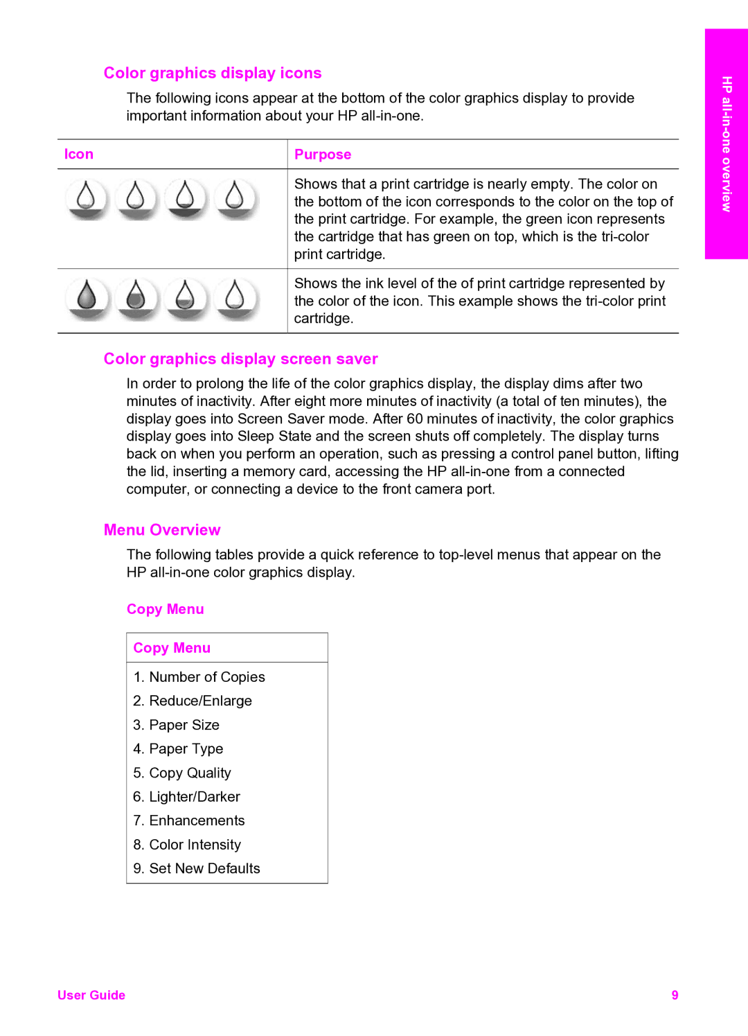 HP 2350 manual Color graphics display icons, Color graphics display screen saver, Menu Overview, Icon, Copy Menu 