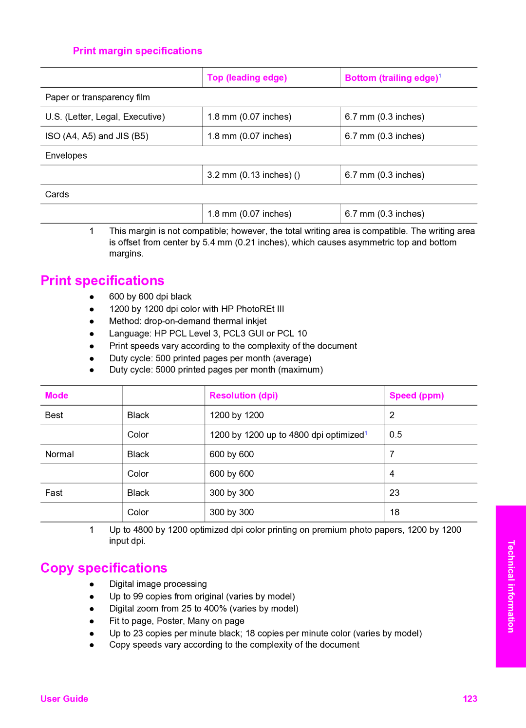 HP 2350 manual Print specifications, Copy specifications, Print margin specifications 