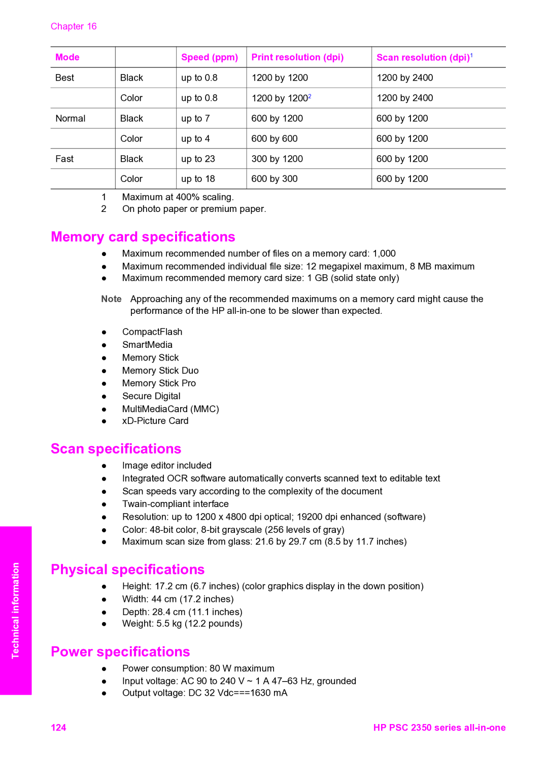 HP 2350 manual Memory card specifications, Scan specifications, Physical specifications, Power specifications 