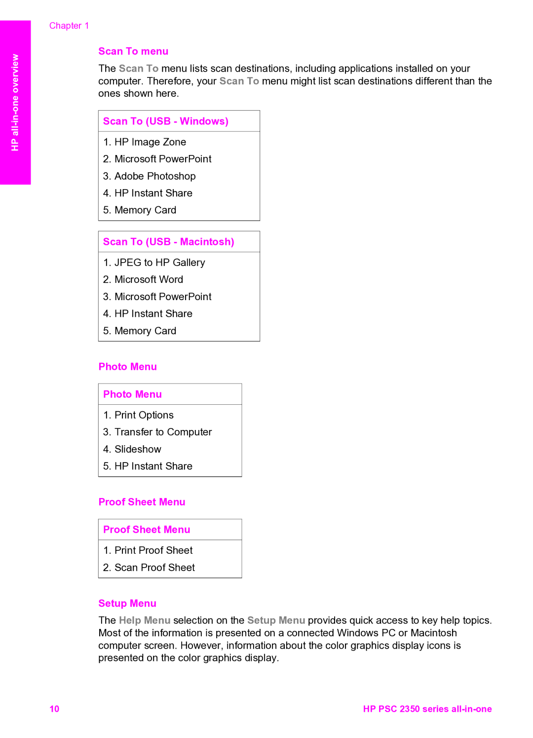 HP 2350 manual Scan To menu, Scan To USB Windows, Scan To USB Macintosh, Photo Menu, Proof Sheet Menu, Setup Menu 