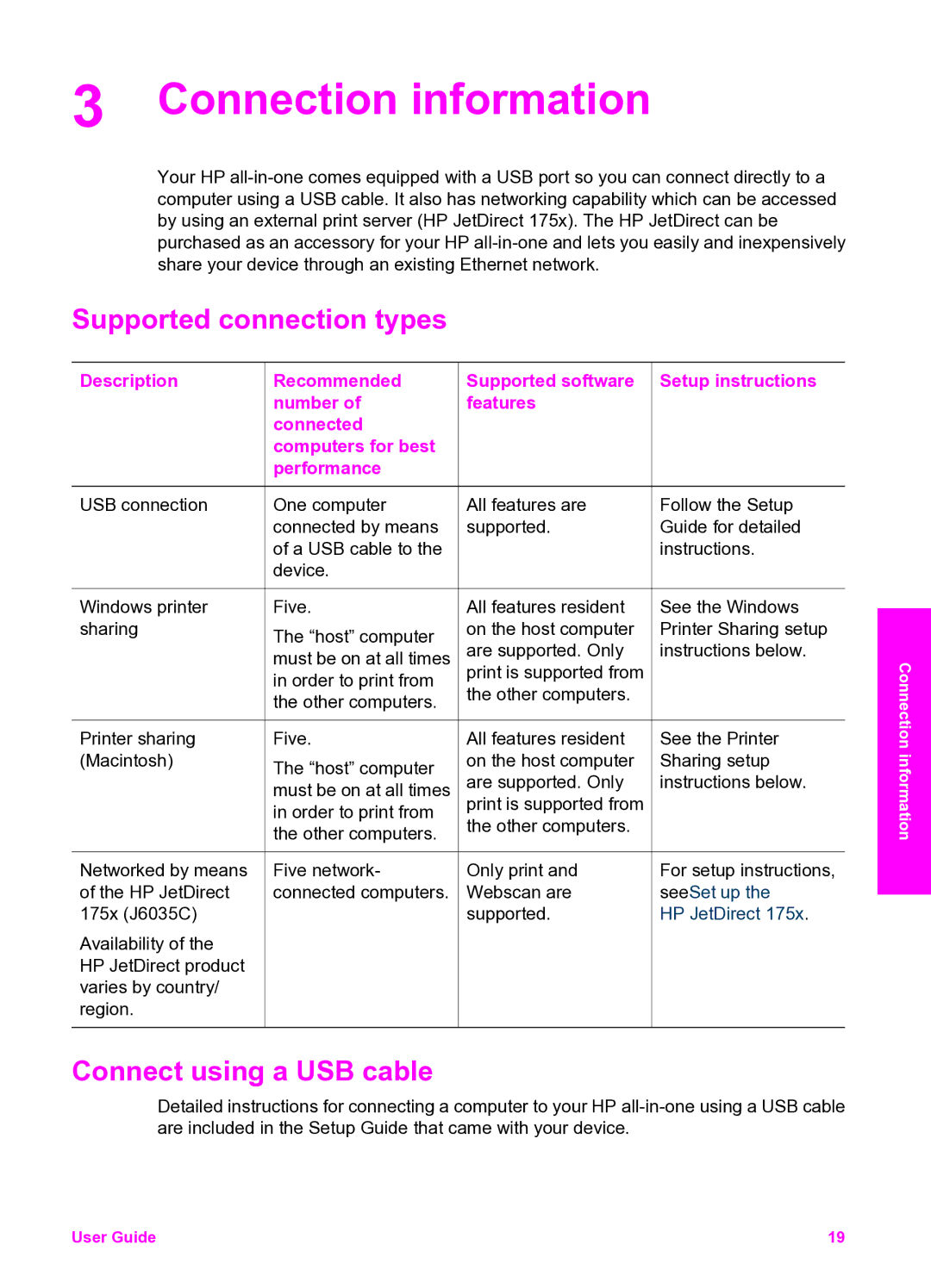 HP 2350 manual Connection information, Supported connection types, Connect using a USB cable 