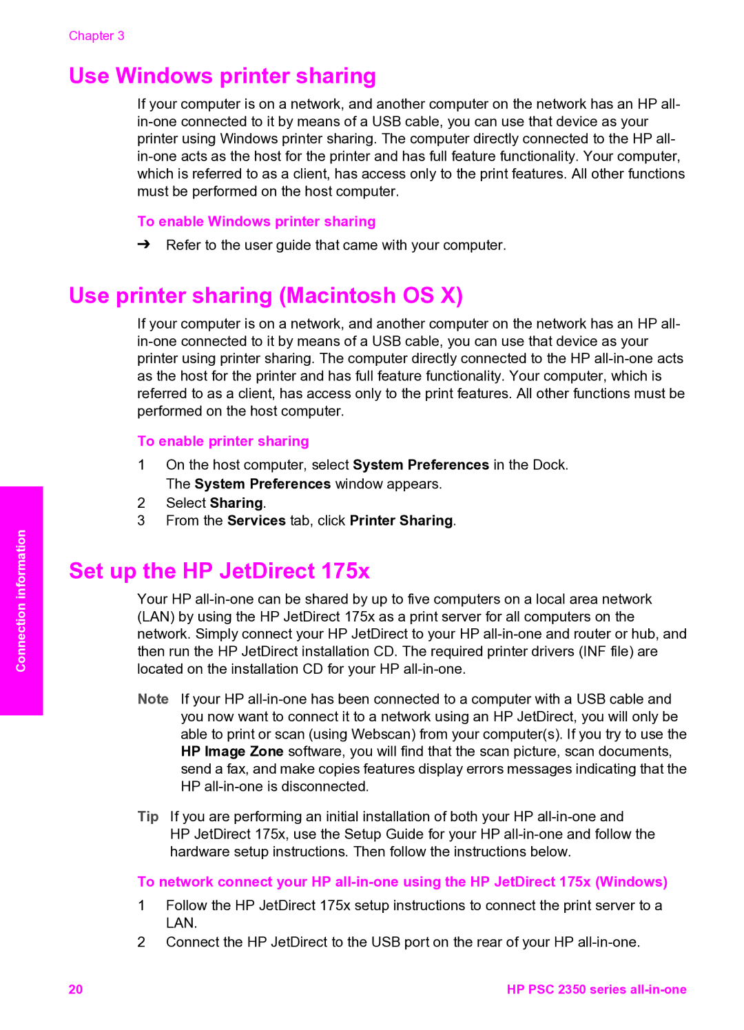 HP 2350 Use Windows printer sharing, Use printer sharing Macintosh OS, Set up the HP JetDirect, To enable printer sharing 