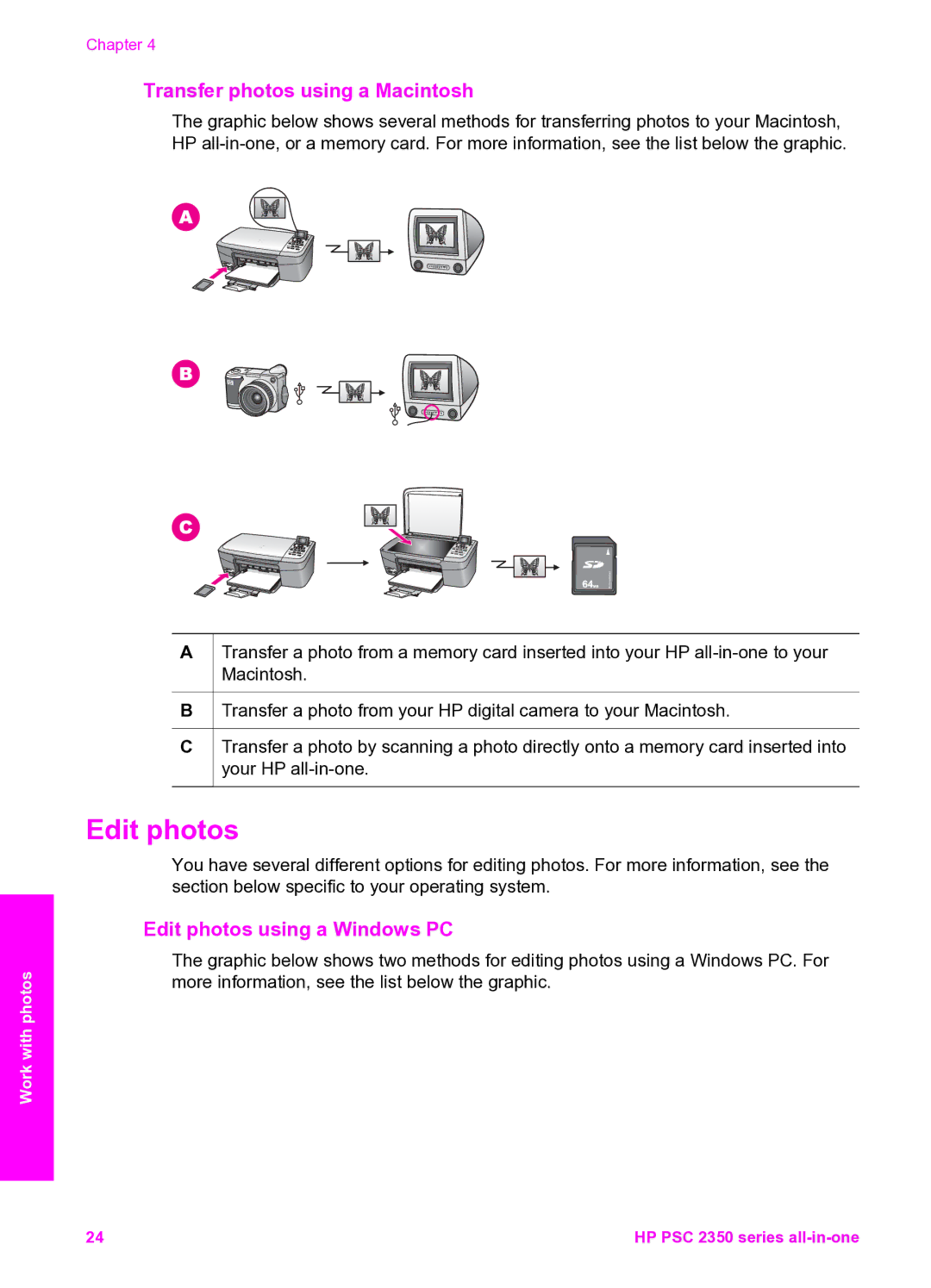 HP 2350 manual Transfer photos using a Macintosh, Edit photos using a Windows PC 