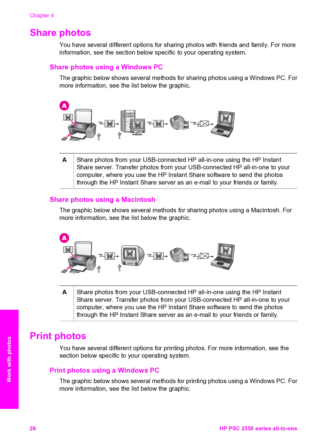 HP 2350 manual Share photos using a Windows PC, Share photos using a Macintosh, Print photos using a Windows PC 