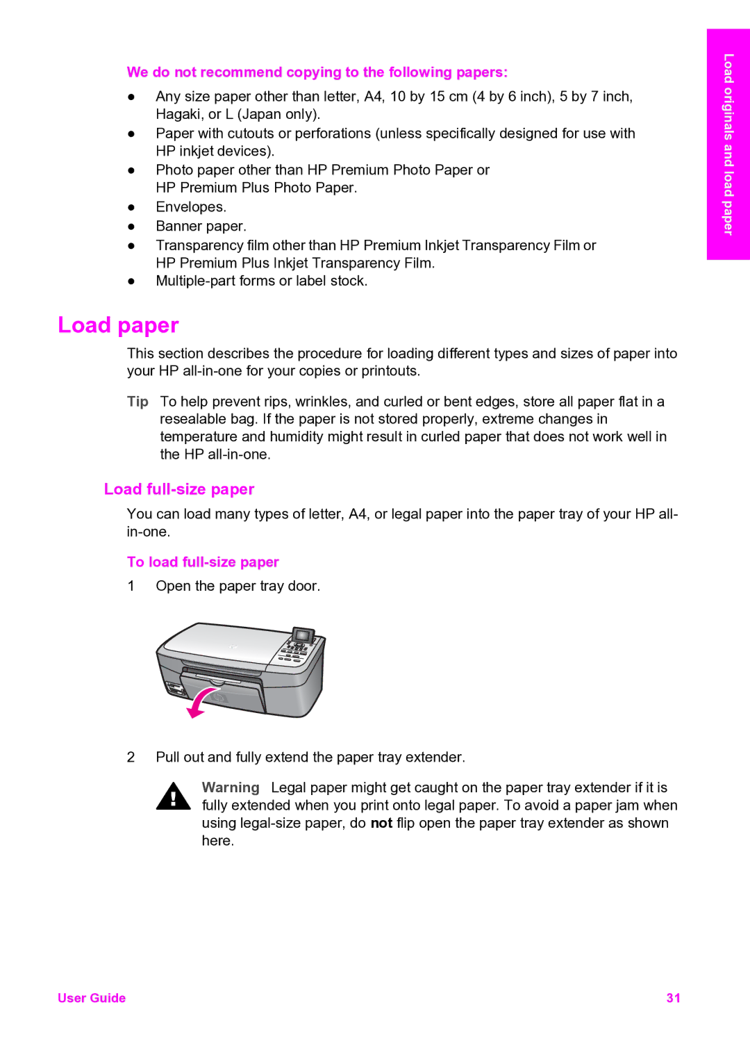 HP 2350 Load paper, Load full-size paper, We do not recommend copying to the following papers, To load full-size paper 