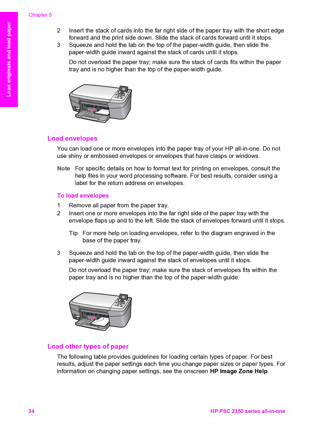 HP 2350 manual Load envelopes, Load other types of paper, To load envelopes 