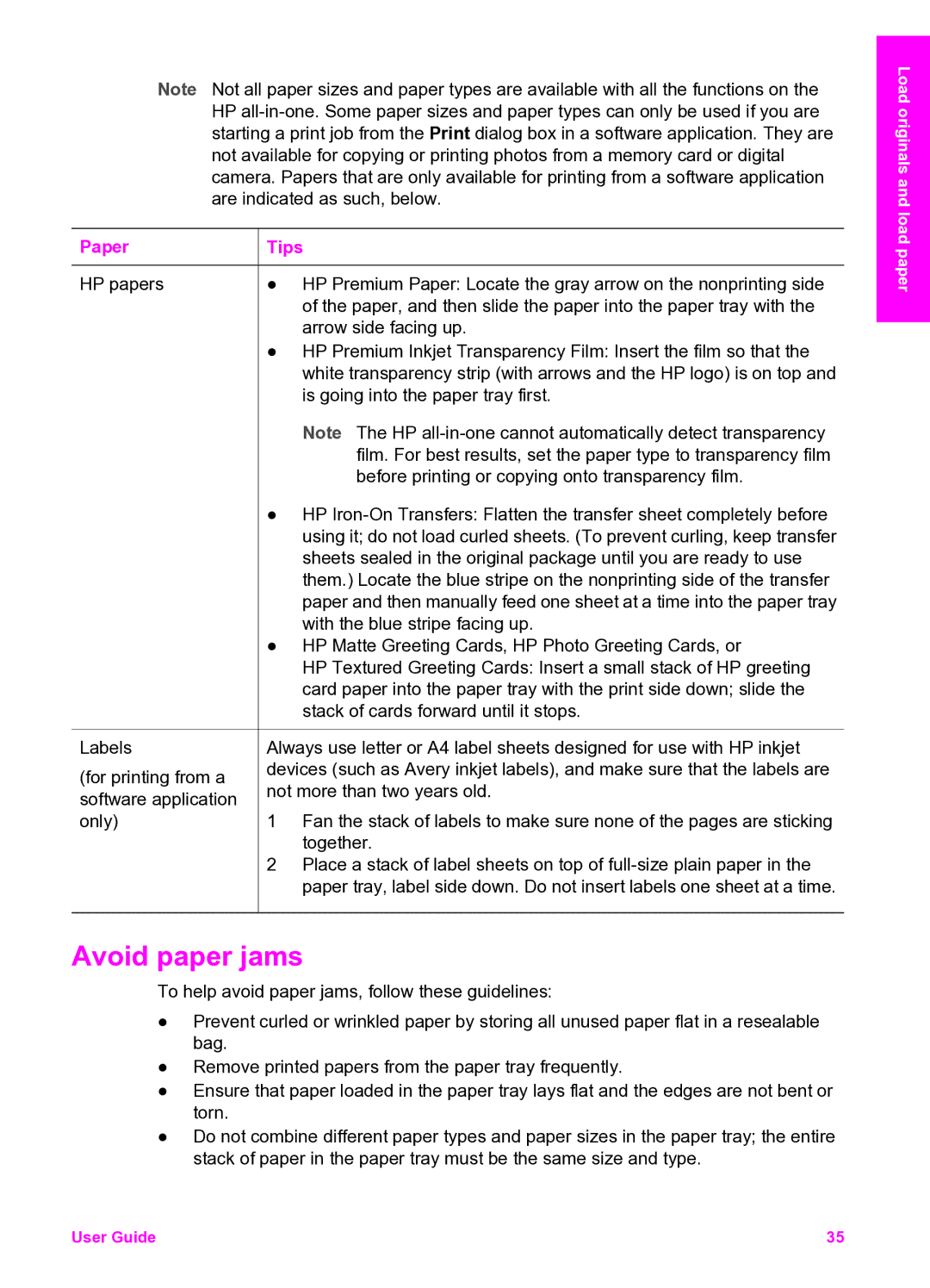 HP 2350 manual Avoid paper jams, Paper Tips 