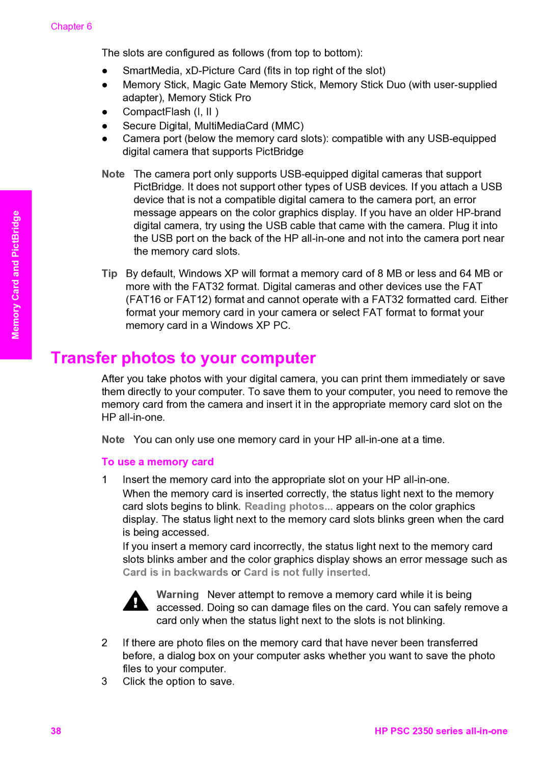 HP 2350 manual Transfer photos to your computer, To use a memory card 