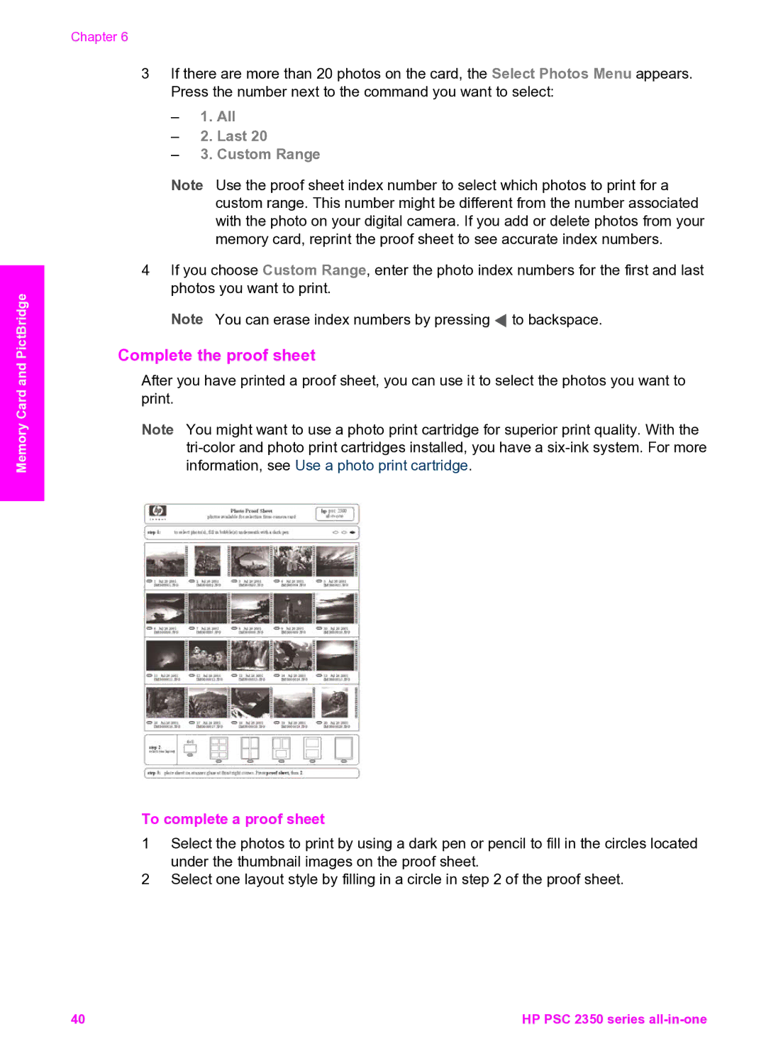 HP 2350 manual Complete the proof sheet, To complete a proof sheet 