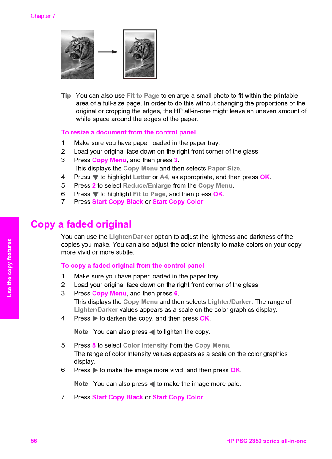 HP 2350 manual Copy a faded original, To resize a document from the control panel 