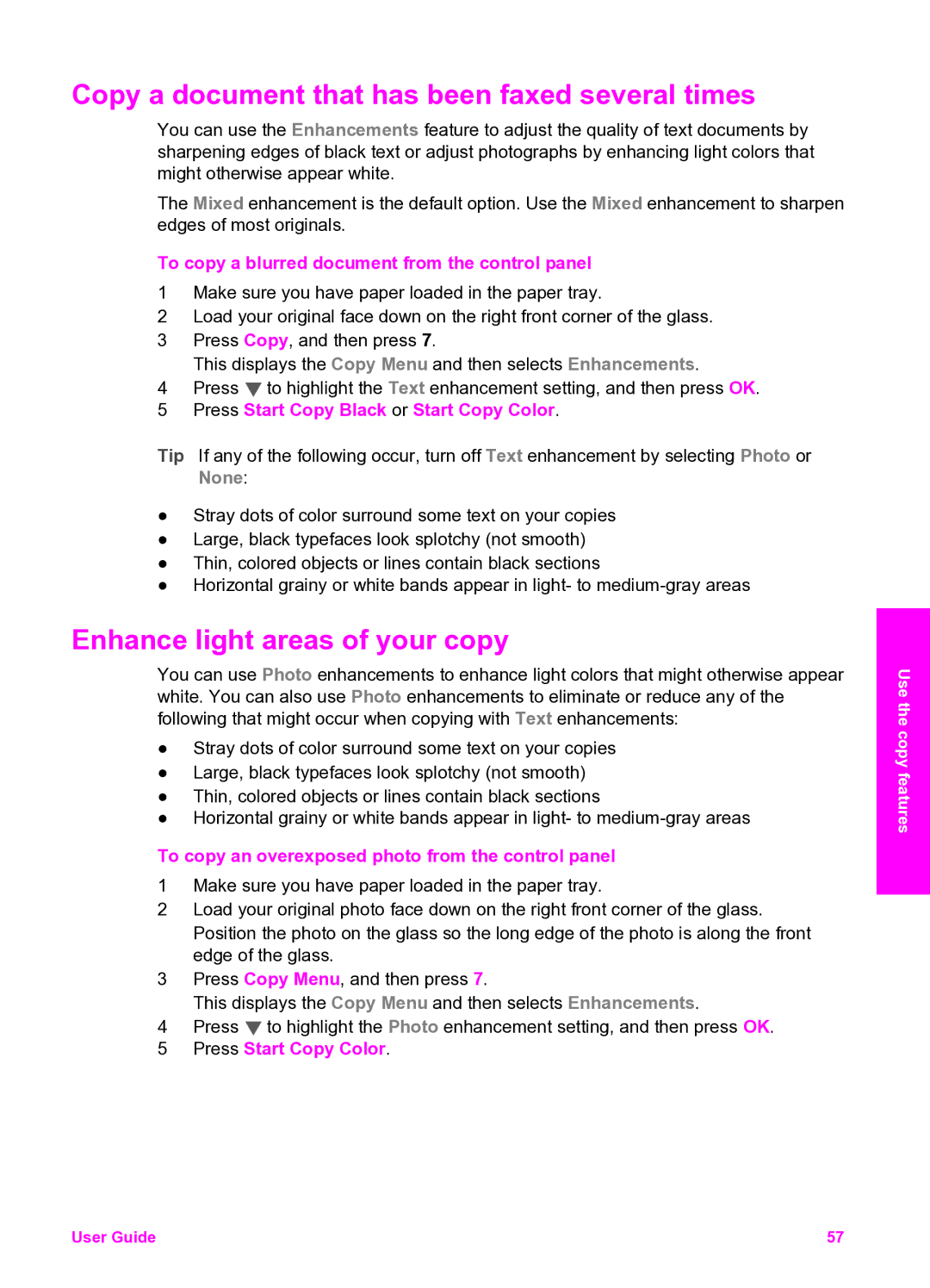 HP 2350 manual Copy a document that has been faxed several times, Enhance light areas of your copy 