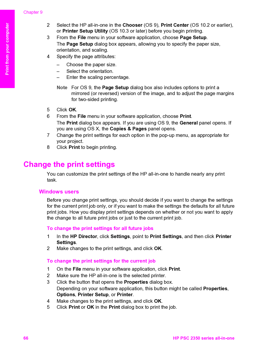 HP 2350 manual Change the print settings, Windows users, To change the print settings for all future jobs 