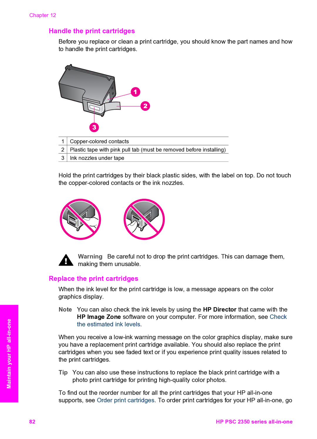 HP 2350 manual Handle the print cartridges, Replace the print cartridges 