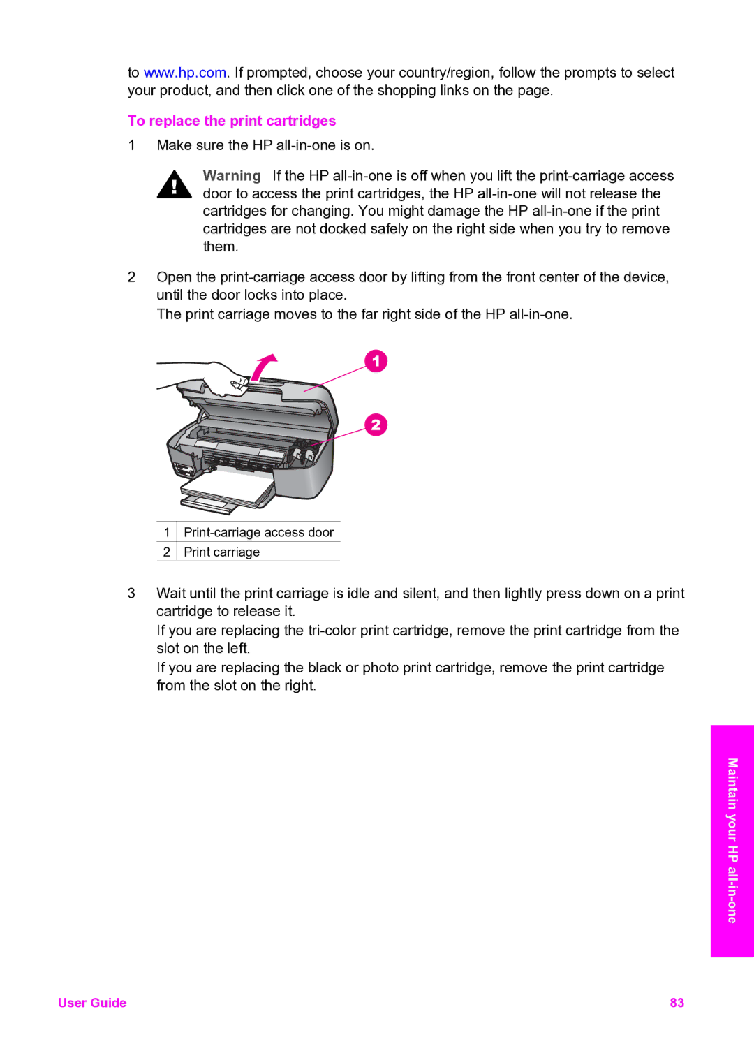 HP 2350 manual To replace the print cartridges 