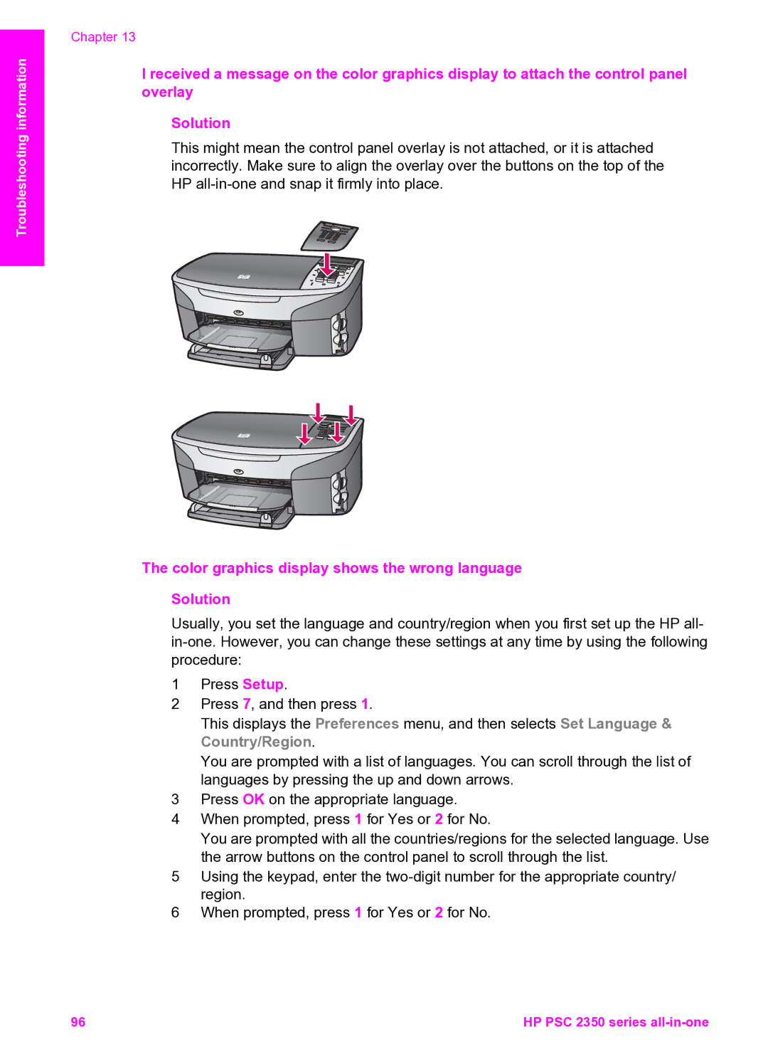 HP 2350 manual Color graphics display shows the wrong language Solution 