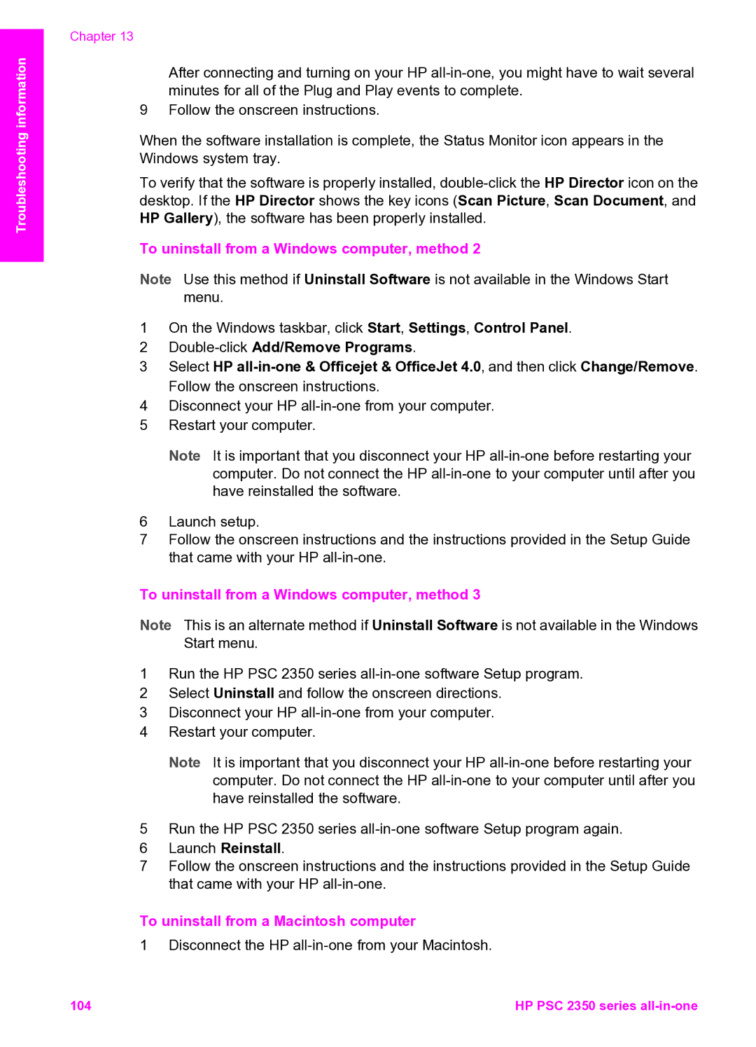 HP 2350, 2355v manual Launch Reinstall, To uninstall from a Macintosh computer 