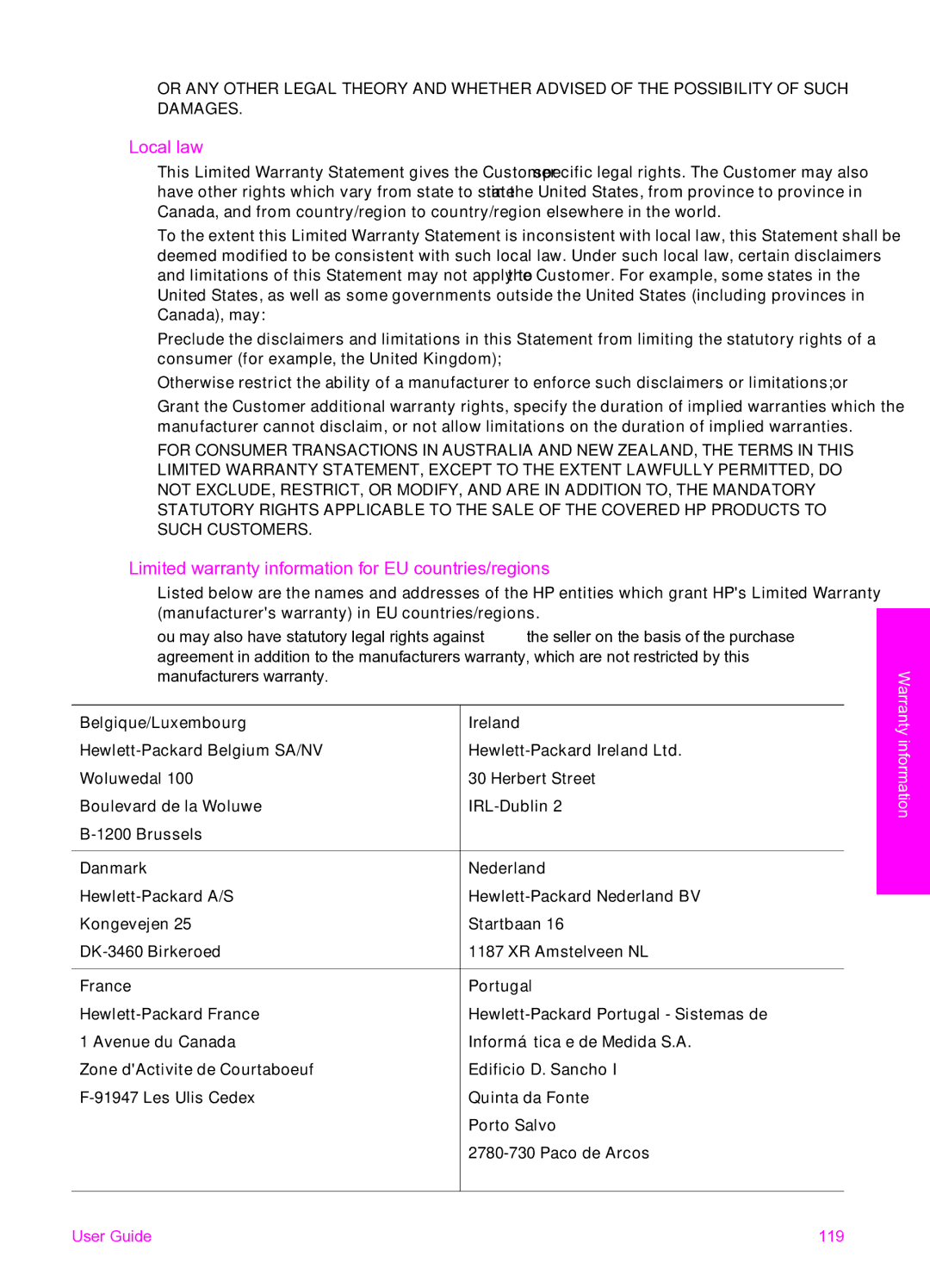 HP 2355v, 2350 manual Local law, Limited warranty information for EU countries/regions 