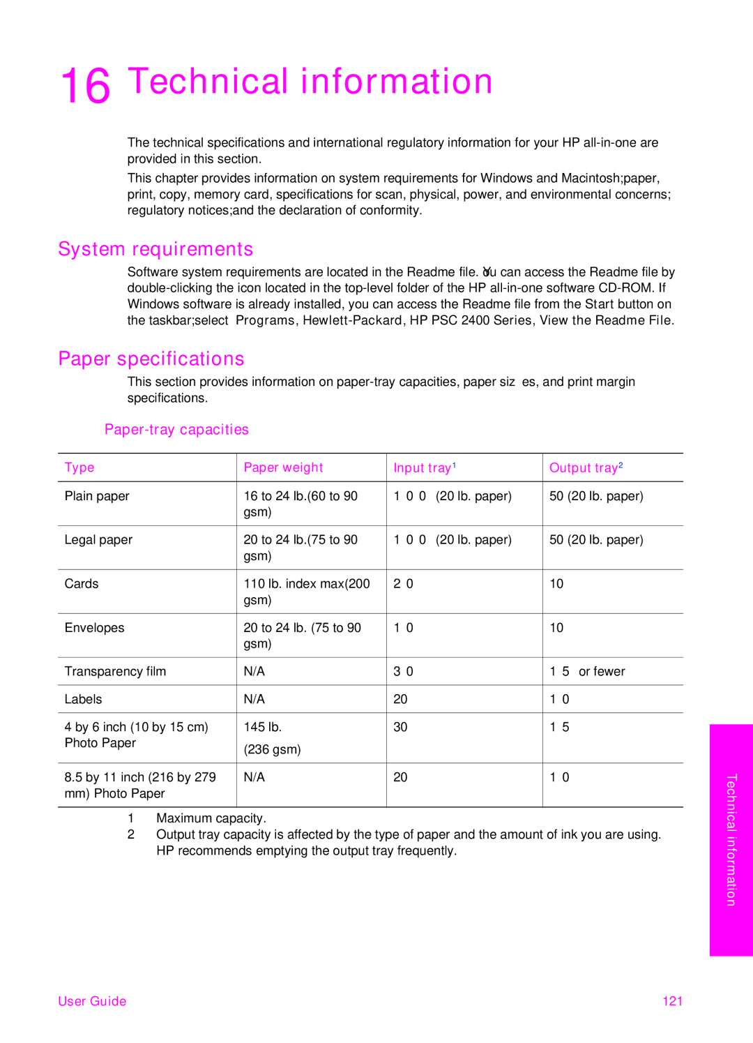 HP 2355v, 2350 manual Technical information, System requirements, Paper specifications, Paper-tray capacities 