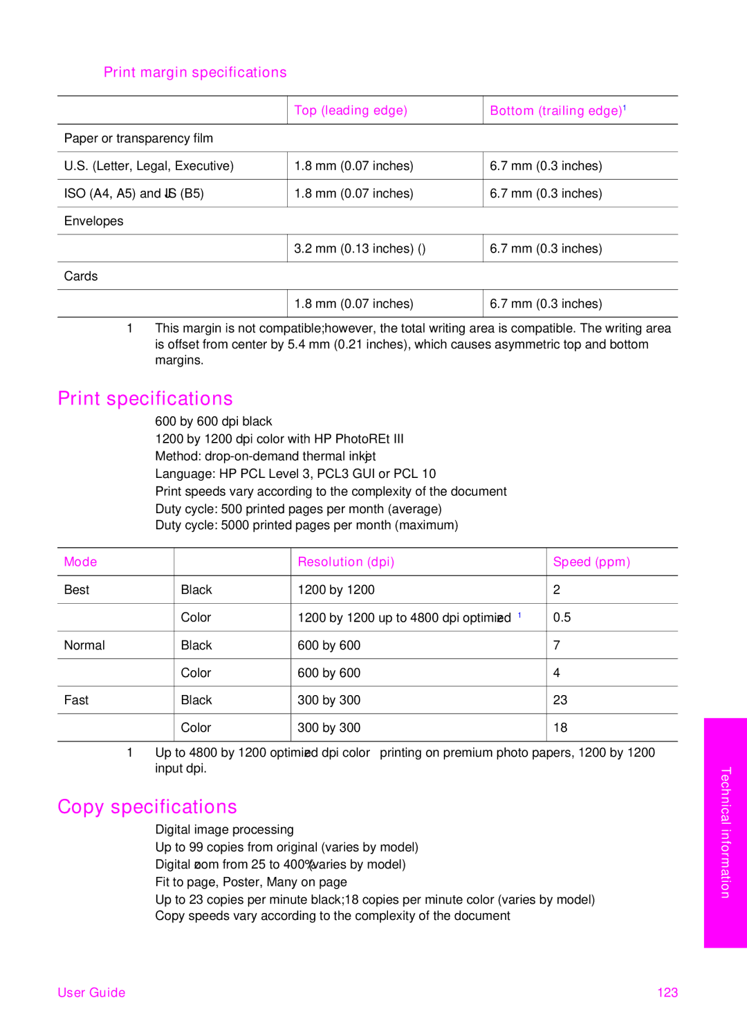 HP 2355v, 2350 manual Print specifications, Copy specifications, Print margin specifications 