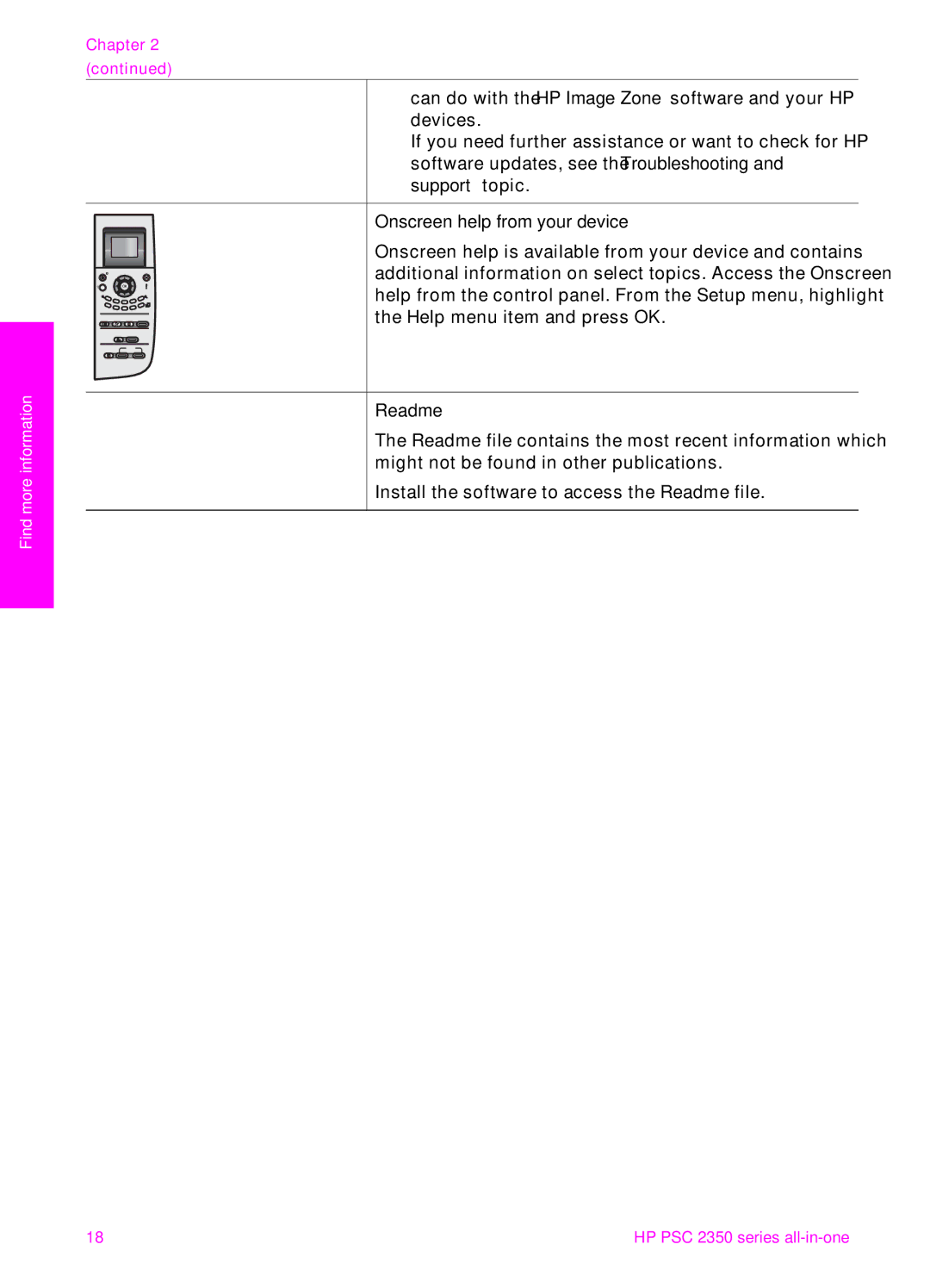 HP 2350, 2355v manual Onscreen help from your device, Readme 