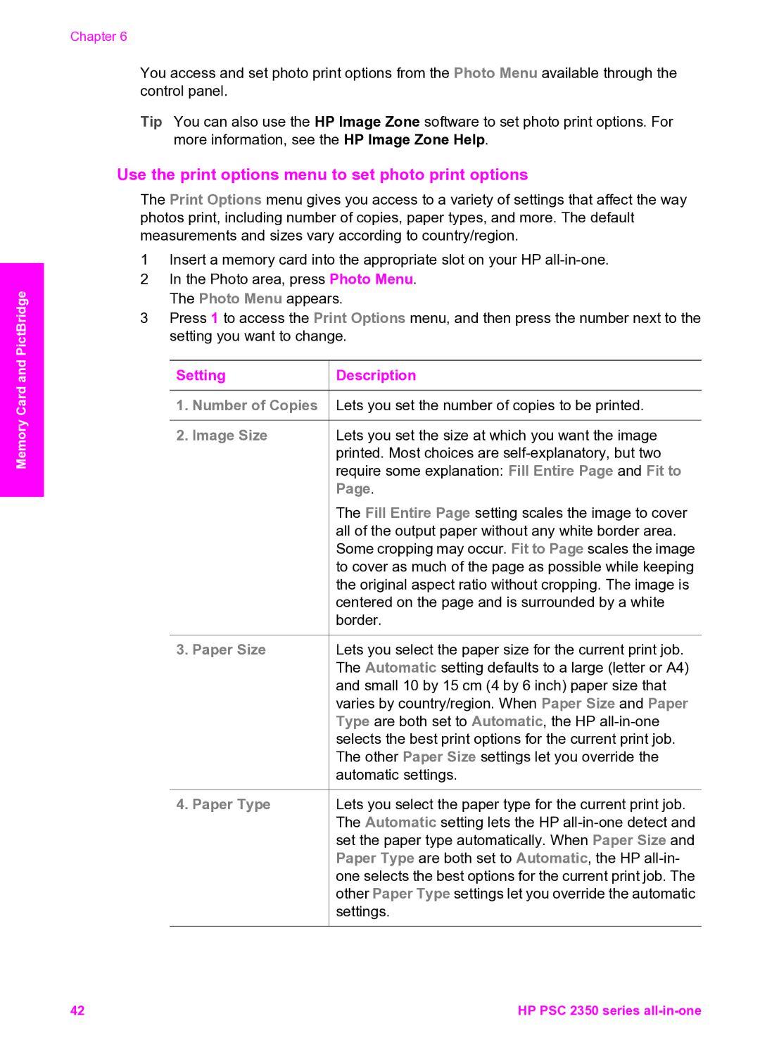 HP 2350, 2355v manual Use the print options menu to set photo print options, SettingDescription 