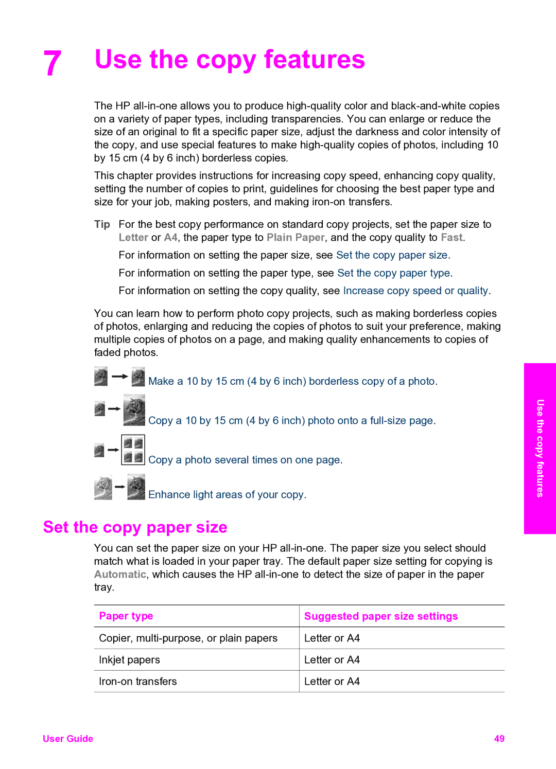 HP 2355v, 2350 manual Use the copy features, Set the copy paper size, Paper type Suggested paper size settings 